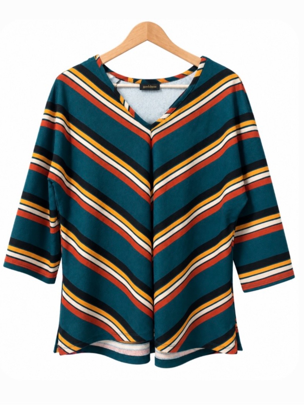 Goddess Teal V-Neck Striped Tunic with Rust and Mustard Accents